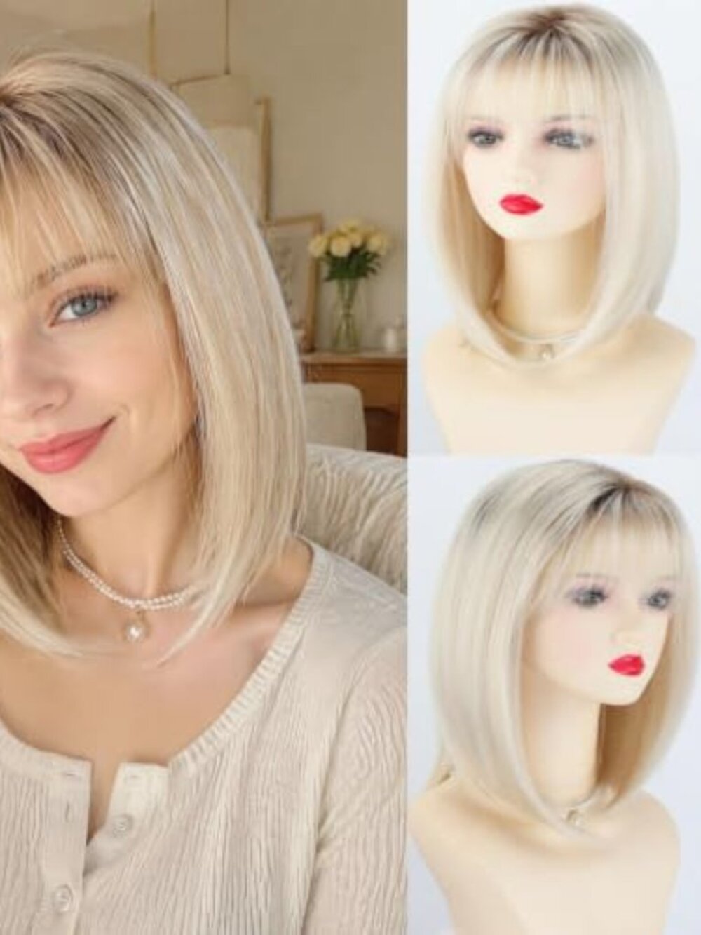Ombre Blonde Straight Layered Bob Wig with Bangs for White Women